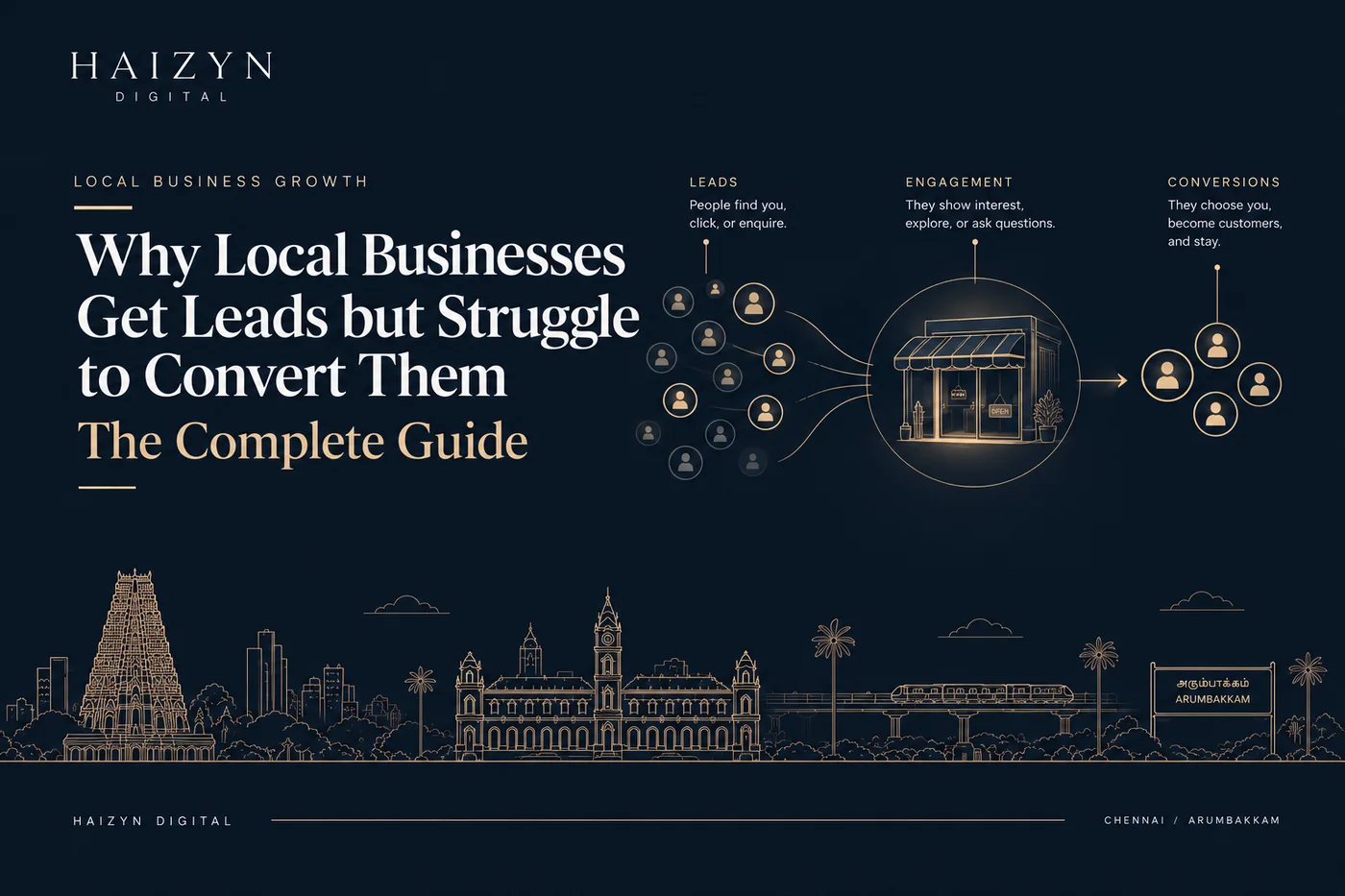 Why local businesses get leads but struggle to convert them — the journey from leads to engagement to conversions, in the Haizyn Digital brand style.