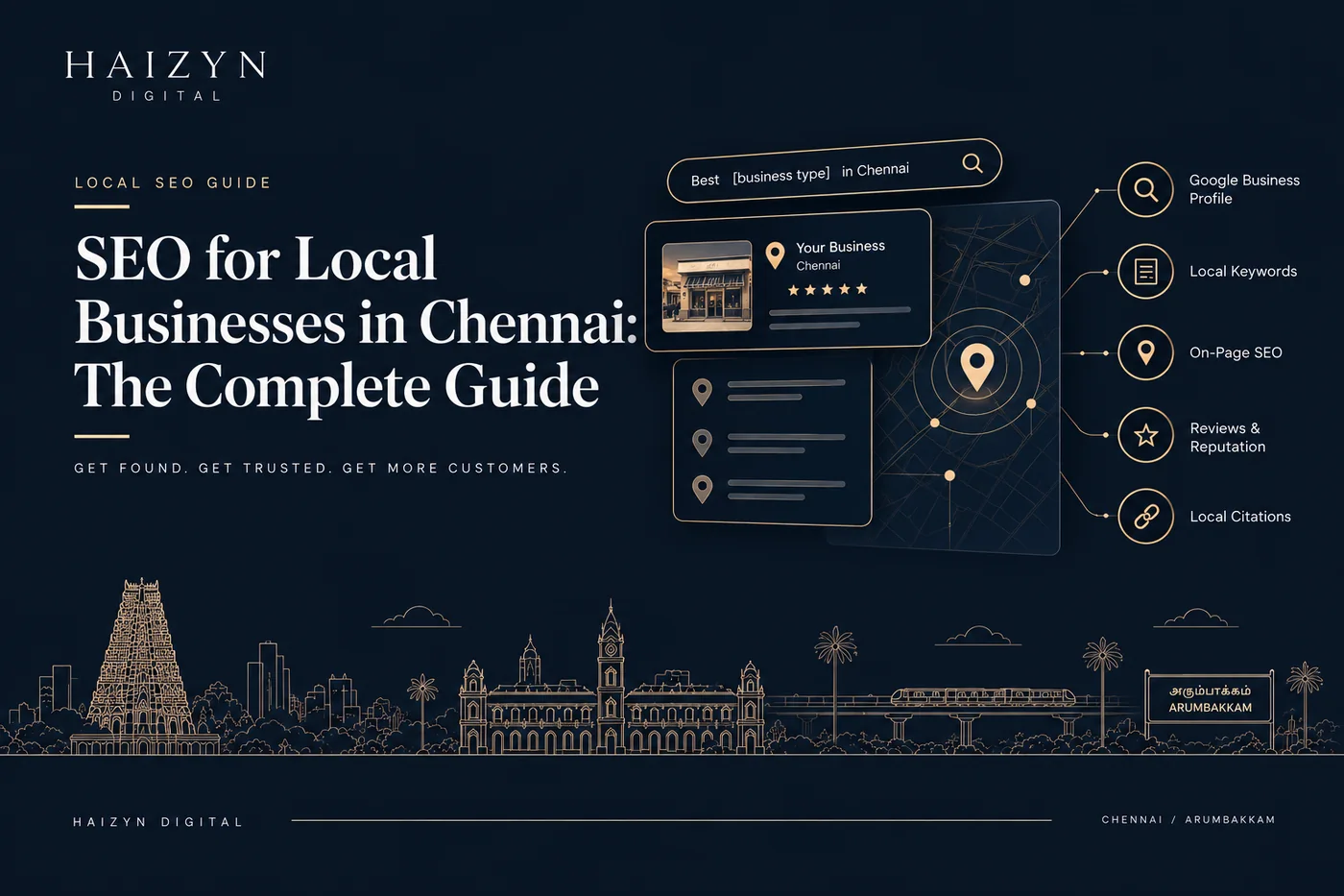 SEO for local businesses in Chennai — Google Business Profile, local keywords, on-page SEO, reviews, and citations, in the Haizyn Digital brand style.
